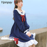 Yipinpay Sweet Autumn Women Pleated Dress JK Student Uniform Preppy Style Retro Female Dresses 2023 New High Waist
