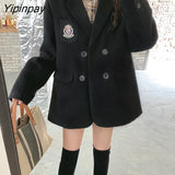Yipinpay New Women Jacket Loose Black Preppy Style Woolen Coat Notched Collar Fashion Baggy Suit Coat Female Jacket
