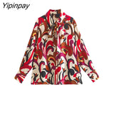 Yipinpay Women Printed Shirt Blouses 2023 Spring Summer Bow Turn Down Collar Long Sleeved Tops Vintage Single Breasted T-Shirts