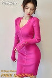 Yipinpay Women Dresses 2023 Lady Fashion Sexy V Long Sleeve Single-breasted Women Knitted Dress Bodycon Knee Wild Vestido Mujer Robe