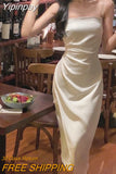 Yipinpay Elegant Spaghetti Strap Midi Dress Women Summer Sexy Irregular Split Prom Dress Vintage Casual Folds Evening Party Dress