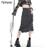 Yipinpay Pink Overalls Denim Skirt Women's High Waist Split A-line Hip Wrap Skirt