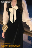 Yipinpay Elegant Evening Party Dress Woman Long Sleeve Vintage Velvet Dress Casual 2023 Autumn Design Slim Korean Fashion Dress