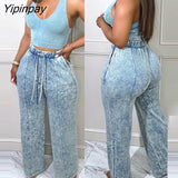 Yipinpay Women Fashion Clothes Bright Line Decoration Drawstring Elastic Waist Straight Leg Denim Jeans Pants