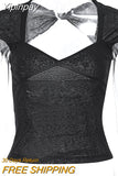 Yipinpay Sexy Low-cut V-neck T-shirts for Women Summer 2023 Irregular Back Hollow Out Backless Slim T-shirt Cropped Black Top