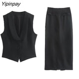 Yipinpay Women Solid Blazer Vest Skirts Sets 2023 Female Elegant Single Breasted Jackets Mid-Calf Pockets Skirt Sleeveless Tops