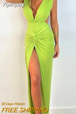 Yipinpay Backless Wrapped Slit Bodycon Dress for Women Summer Elegant Fashion Sleeveless Deep V Neck Twist Ruched Long Tank Dress