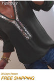Yipinpay Women Sequins T-shirts Fall Winter 2023 Top Clothes Vintage 2000s Clothes y2k Luxury V Neck Long Sleeve Top Office Ladies