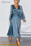 Yipinpay Evening Elegant Women Drape Dress Satin V-Neck Lantern Sleeve Party Dress Ladies Spring 2023 Flowing Midi Dress Navy