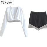 Yipinpay New Tassel Diamonds Mini Skirts Sets Women Fashion Long Sleeved Deep V-Neck Shirts +High Wasit Skirts Sexy Tops
