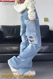 Yipinpay Street Fashion Retro Jeans Women Y2K New Multi-Pocket Straight Mopping Wide-Leg Pants Couple Hip-Hop Casual Loose Jeans