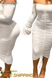 Yipinpay Dress Fall Winter Clothes 2023 Off Shoulder Sexy Bodycon Long Sleeve Ruched Sheath Dress with Drawstring Prom Night Club