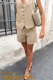Yipinpay Khaki Cotton Linen Shorts Suits Summer 2023 Women Vest Tops And Elastic Shorts 2 Pieces Suits Shorts Ladies Vacation