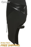 Yipinpay Irregular Black Mini Skirt Women Fashion Sexy Leather Patchwork Slim High Waist Split Skirts Gothic Grunge Streetwear