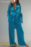 Yipinpay Satin Long Sleeve Lady Blouse Outfit 2023 Casual Loose Button Up Straight Pant 2 Piece Set Women Chic Solid Homewear Set