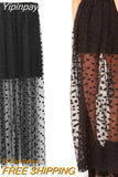 Yipinpay New Women Mesh Dot Skirts Summer High Waist Two Fake Piece Skirts See Through Black Maxi Tulle Lace Long Skirts One Size
