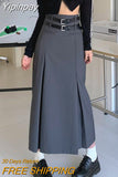 Yipinpay Vintage Belt Long Skirt Women Autumn 90s Aesthetic Streetwear Y2k High Waist Slim A-line Pleated Skirt Korean Style