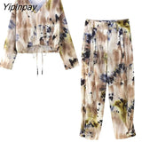 Yipinpay Summer Women Print Blouse Pants Sets 2023 Casual Long Sleeve Short Shirt Tops Elastic Waist Pants Outwear