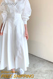 yipinpay Women's Shirts Dresses Slim Korean Chic Fashion Casual Single-breasted Long Midi Dress Office Ladies White OL Vestidos