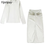 Yipinpay 2023 Women Solid Skirt Sets Spring Autumn Elegant O-neck Long Sleeve Tops Folds Straigh Skirts Casual High Street Outwear