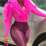 Yipinpay Women Y2K Chic Ruffle Hem Plunge Long Sleeve Bodysuit fashion Blouses Tops