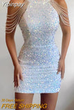 Yipinpay Summer New In Fashion Women's Dress Sequined Luxury Party Short Dresses Chic and Elegant Sexy Crystal Tassel Evening Dress