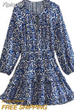 Yipinpay Blue Print Mini Dress Woman Ruffle Short Dresses Women Long Sleeve Casual Dresses For Women Summer 2023 Vintage Dress