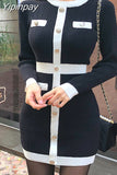 Yipinpay Bodycon Long Sleeve Dress Fall 2023 Mini Sweater Vintage Black Office Korean Short Elegant Invierno Mujer Moda Feminina