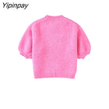 Yipinpay Ladies Autumn Solid Knitted Soft Sweater 2023 Fashion O-neck Pullover Tops Short Sleeve Pink And Yellow Casual Streetwear