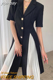 yipinpay Summer Fashion Office Ladies Dresses Notched Buttons Short Sleeve Pleated Knee-Length Dress Women Patchwork Slim Dress