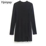 Yipinpay Autumn Women Beading Knitted Dresses 2023 Elegant Ladies O-neck Mini Slim Tassel Dresses Long Sleeve Simple Soft Vestidos