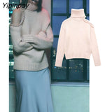 Yipinpay Autumn Winter Turtleneck Knitted Sweater 2023 Fashion Pearl Shoulder Pullover Tops Long Sleeve Casual Streetwear