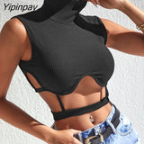 Yipinpay Women Casual Solid Sleeveless Turtleneck Asymmetrical Women Sexy Crop Tops