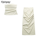 Yipinpay 2023 Fashion Women Solid Folds Skirts Sets Spring Summer Causal Strapless Tops Back Slip Zipper Mid-Calf Skirts Suits