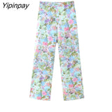 Yipinpay Women Spring Summer Thin Print Blazer Suits Sets 2023 Fashion Silk Satin Double Breasted Jacket Casual Wide Leg Pants