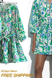 Yipinpay Green Print Mini Dress Women Belt Floral Dress Woman Ruched Short Dresses For Women 2023 Casual Summer Women's Dresses
