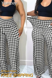 Yipinpay Women's Bottoms Elegant Casual Plaid Print High Waist Long Pants Loose Trouser