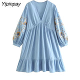 Yipinpay Fashin Women Embroidery Mini Dresses 2023 Summer Elegant V-neck Loose Solid Dress Causal A-line Long Sleeve Vestidos