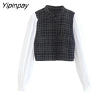 Yipinpay New Women Blouses Shirts 2023 Spring Autumn Casual Single Breasted Spliced Tops Vintage Long Sleeve T-Shirts