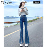 Yipinpay High Waist Vintage Elastic Split Jean Femme Casual Slim Autumn Winter Denim Flare Pants Brown Women Jeans