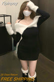 Yipinpay Winter Sexy Bodycon Knitted Dress Woman Solid Elegant Y2k Mini Dress Off Shoulder One Piece Dress Korean Style Slim Design