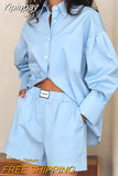 Yipinpay Elegant Blue Shirts Suits With Shorts Chic Letter Women Oversize Tops And Wide Leg Shorts Casual Outfits Lady Office