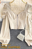 yipinpay Sexy Zipper Crop Tops Female Ruched Casual Vintage Long Sleeve Blusas Women Korean Elegant Camisas Club Short Shirt