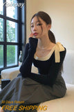 Yipinpay Vintage Bow Bandage Top French Style Sueter Mujer Jersey Square Collar Sweaters Crop Spring New Black Sweater White Shirts