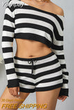 Yipinpay Pieces Women Trendy Knit Outfit Solid Color Stripe Off Shoulder Crop Tops + Elastic Waist Shorts Set For Ladies Fashion S M L