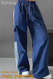 Yipinpay Streetwear Striped Cargo Pant Women Fashion Big Pockets High Waist Casual Trousers Hip Hop Loose Bf Wide Leg Pants New
