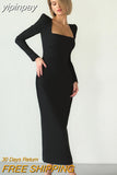 yipinpay Spring Fall Sexy Low Cut Long Dresses for Women Slim Square Collar French Black Elegant Bodycon Dress Ladies Vestidos