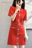 Yipinpay Collar Button Pocket Knitted Dress Mini Red Femme Robe Summer 2023 Party Vintage Elegant Black Korean Club Vrouw Jurk