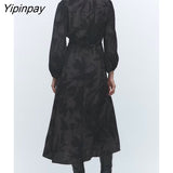 Yipinpay Women Fashion Print Long Dresses With Belt 2023 Female Elegant Turn Down Collar Clothing Long Sleeve Soft Vestidos