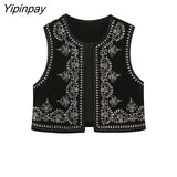 Yipinpay Spring Autumn Sequined Embroidery Vest 2023 Women Chic Lady Fashion Black Vest Female Sleeveless Jacket